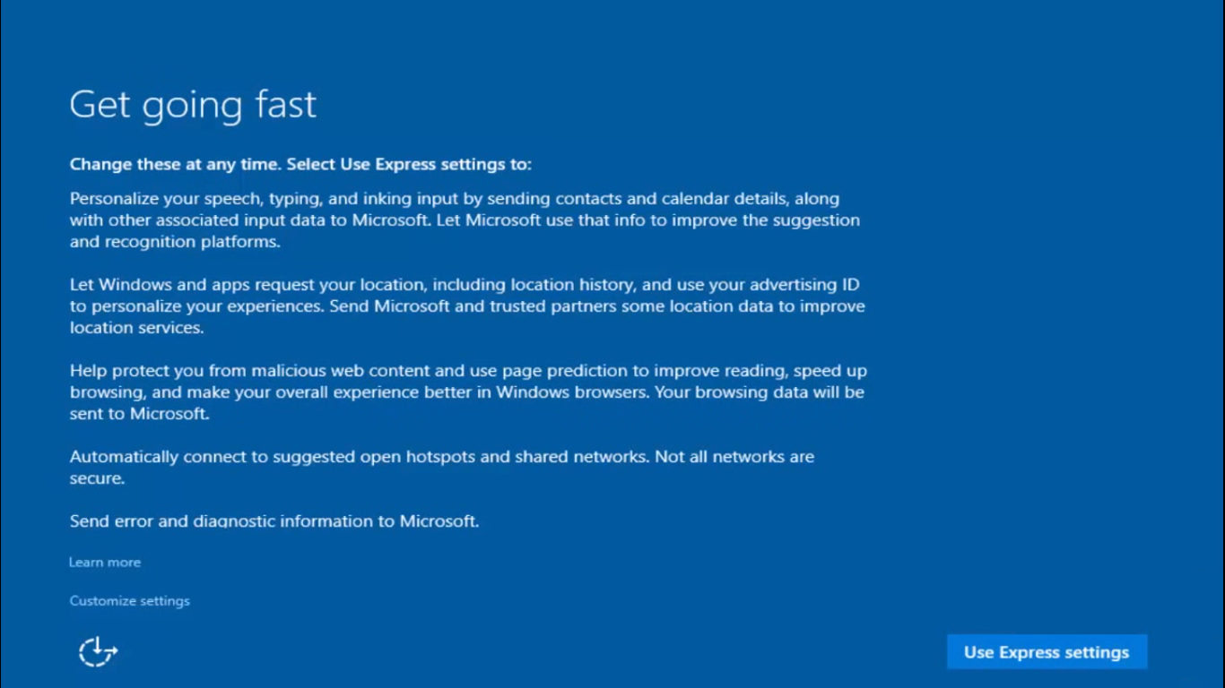 Windows 10 Use Express settings